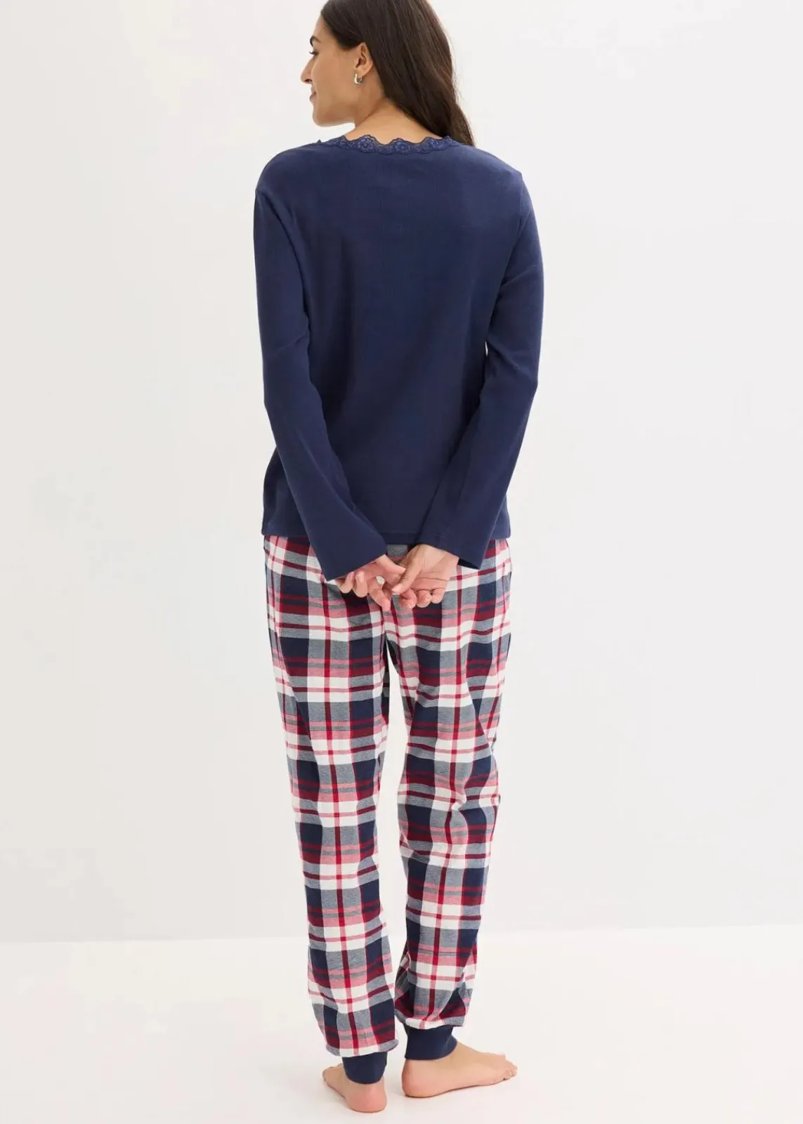 bonprix Wäsche·Nachtwäsche|Nachtwäsche^Pyjama mit Rippshirt und Knopfleiste dunkelblau/naturmeliert kariert