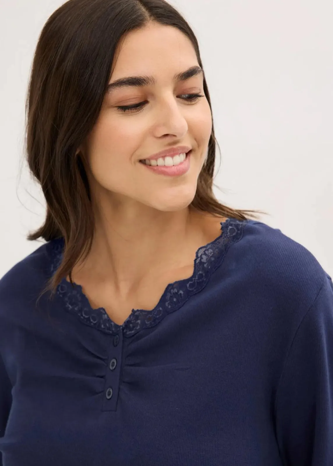 bonprix Wäsche·Nachtwäsche|Nachtwäsche^Pyjama mit Rippshirt und Knopfleiste dunkelblau/naturmeliert kariert