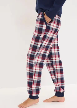 bonprix Wäsche·Nachtwäsche|Nachtwäsche^Pyjama mit Rippshirt und Knopfleiste dunkelblau/naturmeliert kariert