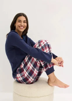 bonprix Wäsche·Nachtwäsche|Nachtwäsche^Pyjama mit Rippshirt und Knopfleiste dunkelblau/naturmeliert kariert