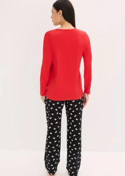 bonprix Wäsche·Nachtwäsche|Nachhaltigere Materialien^Pyjama mit Schlafmaske salsarot/schwarz bedruckt