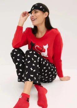 bonprix Wäsche·Nachtwäsche|Nachhaltigere Materialien^Pyjama mit Schlafmaske salsarot/schwarz bedruckt
