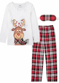 bonprix Wäsche·Nachtwäsche|Nachhaltigere Materialien^Pyjama mit Schlafmaske wollweiß kariert