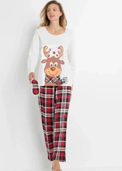 bonprix Wäsche·Nachtwäsche|Nachhaltigere Materialien^Pyjama mit Schlafmaske wollweiß kariert