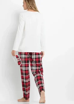 bonprix Wäsche·Nachtwäsche|Nachhaltigere Materialien^Pyjama mit Schlafmaske wollweiß kariert