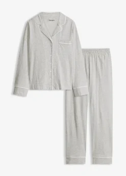 bonprix Wäsche·Nachtwäsche|Nachtwäsche^Pyjama mit Viskose und Knopfleiste hellgrau meliert/weiß