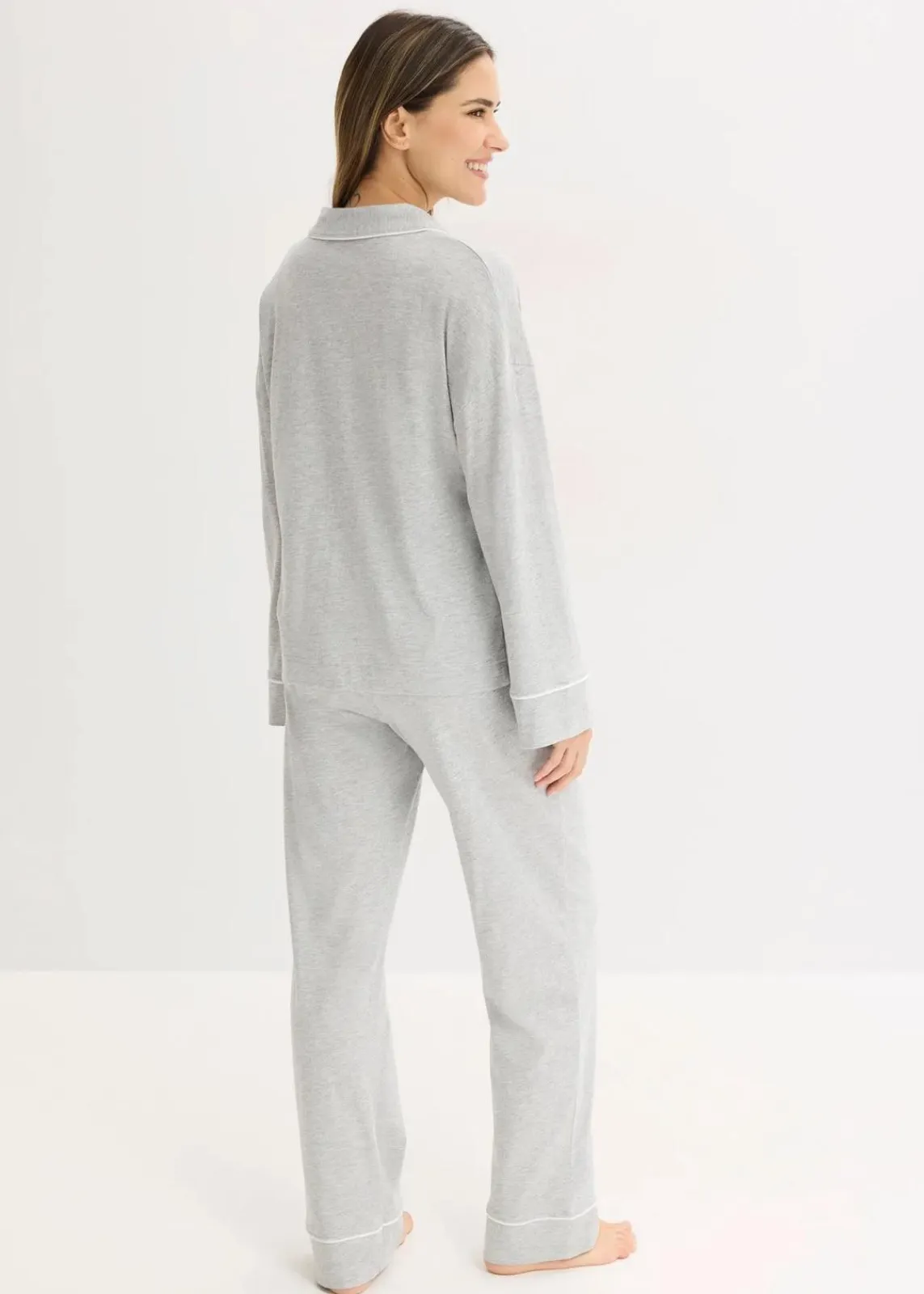 bonprix Wäsche·Nachtwäsche|Nachtwäsche^Pyjama mit Viskose und Knopfleiste hellgrau meliert/weiß