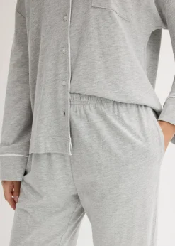bonprix Wäsche·Nachtwäsche|Nachtwäsche^Pyjama mit Viskose und Knopfleiste hellgrau meliert/weiß