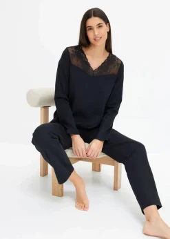 bonprix Wäsche·Nachtwäsche|Nachtwäsche^Pyjama mit zarter Spitze schwarz