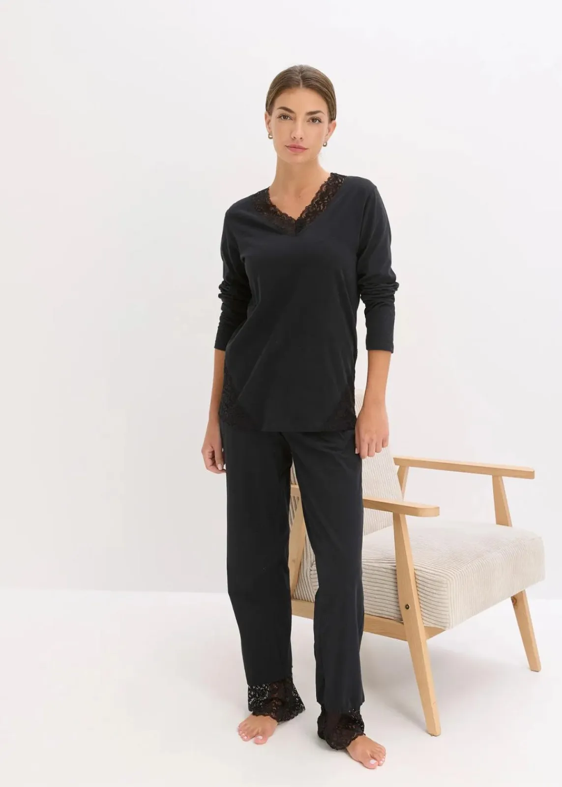 bonprix Wäsche·Nachtwäsche|Nachtwäsche^Pyjama mit zarter Spitze schwarz