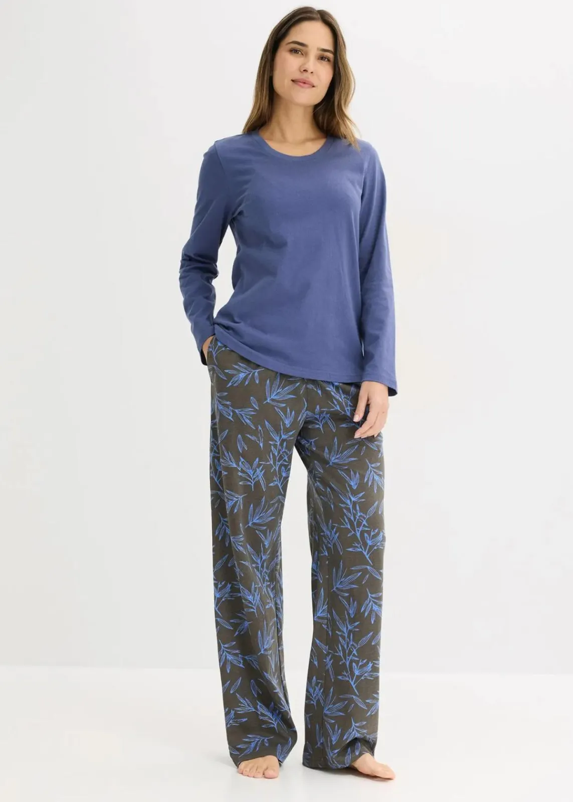 bonprix Wäsche·Nachtwäsche|Nachtwäsche^Pyjama (3-tlg.Set) aus reiner Baumwolle mittelblau/granitgrau bedruckt