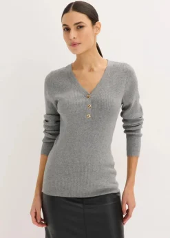 bonprix Pullover & Strickjacken|Strickmode^Rippenpullover mit Viskose grau meliert