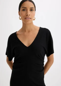 bonprix Kleider|Bekleidung·Pullover & Strickjacken^Rippkleid aus Jersey mit seitlicher Raffung schwarz