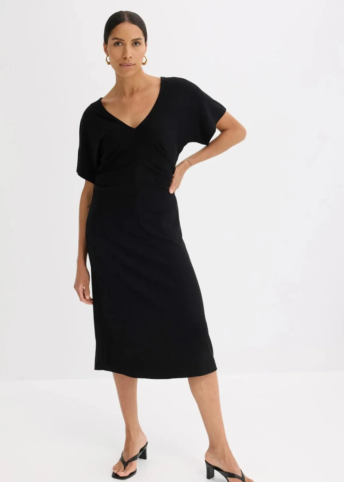 bonprix Kleider|Bekleidung·Pullover & Strickjacken^Rippkleid aus Jersey mit seitlicher Raffung schwarz