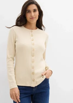 bonprix Nachhaltigere Materialien|Shirts & Tops^Ripp-Langarmshirt aus reiner Baumwolle hellsand