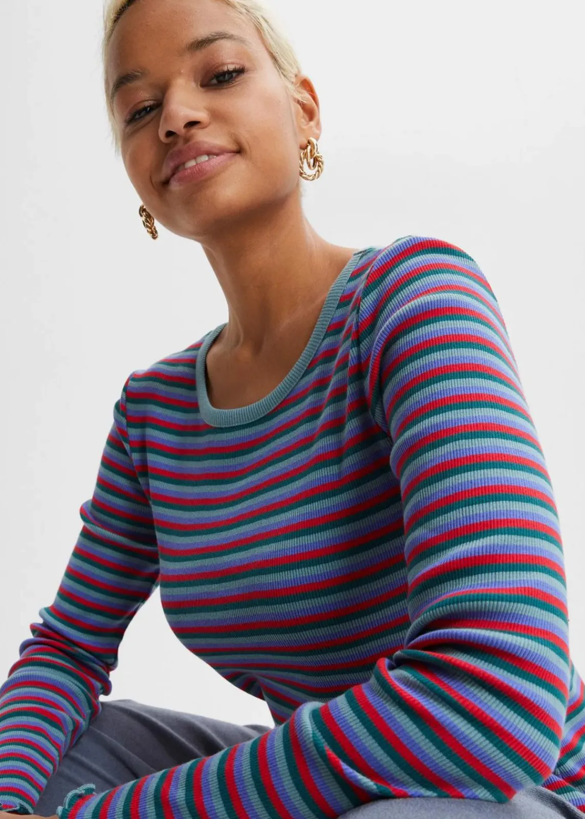 bonprix Shirts & Tops^Rippshirt gestreift aus Bio-Baumwolle petrol/mineralblau/lilablau/tomatenrot gestreift