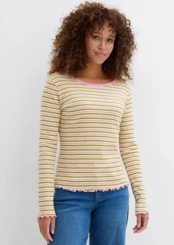 bonprix Shirts & Tops^Rippshirt gestreift aus Bio-Baumwolle wollweiß/moos/hellgelb/rauchorchidee gestreift