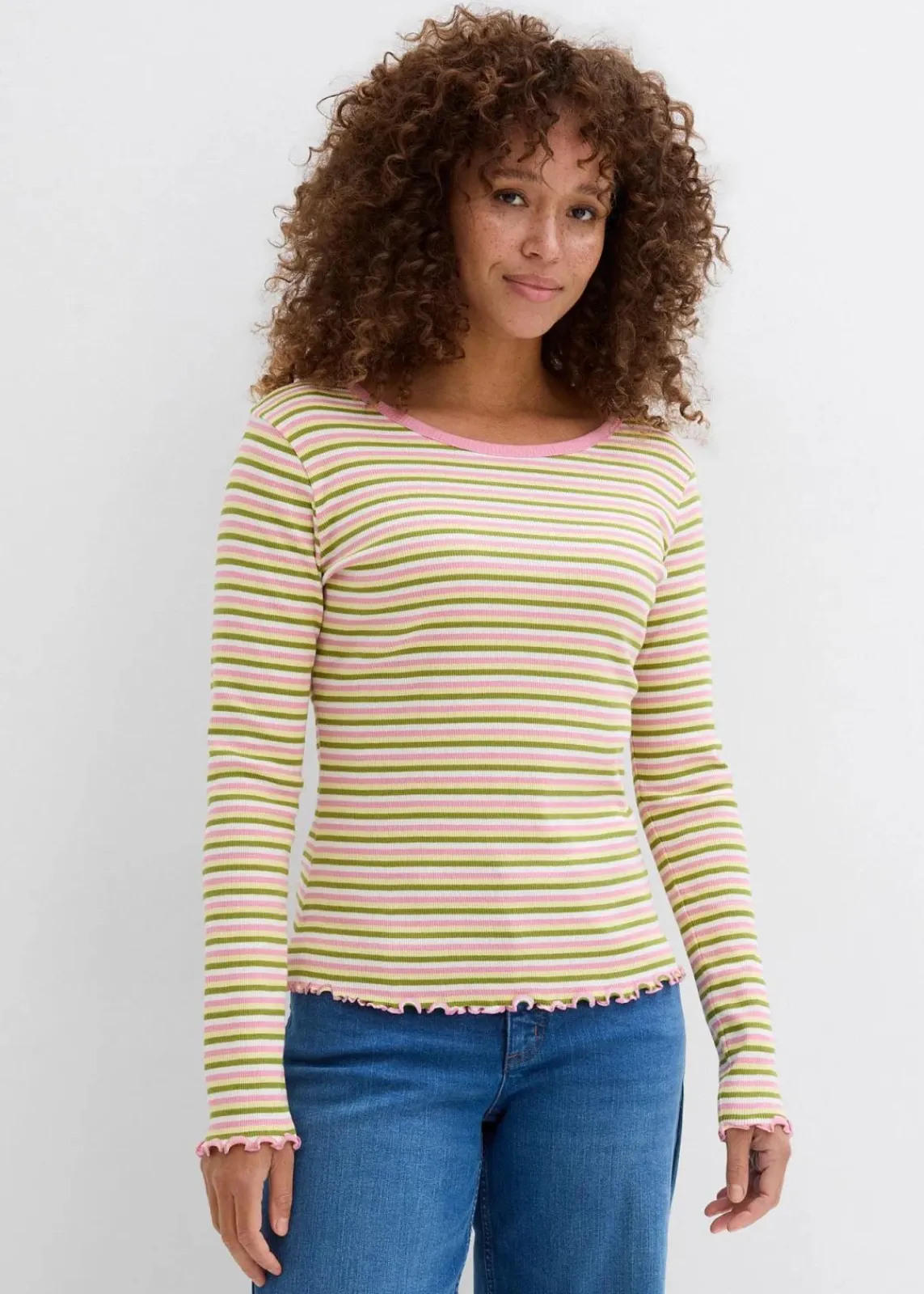 bonprix Shirts & Tops^Rippshirt gestreift aus Bio-Baumwolle wollweiß/moos/hellgelb/rauchorchidee gestreift