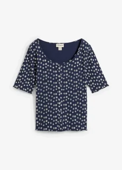 bonprix Shirts & Tops^Ripp-Shirt mit Blumendruck, Halbarm dunkelblau/wollweiß geblümt