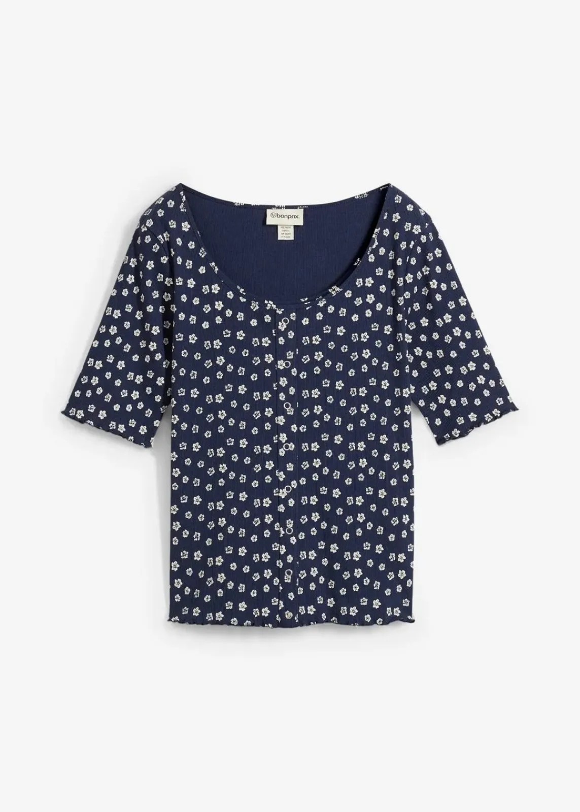 bonprix Shirts & Tops^Ripp-Shirt mit Blumendruck, Halbarm dunkelblau/wollweiß geblümt