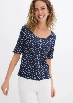 bonprix Shirts & Tops^Ripp-Shirt mit Blumendruck, Halbarm dunkelblau/wollweiß geblümt