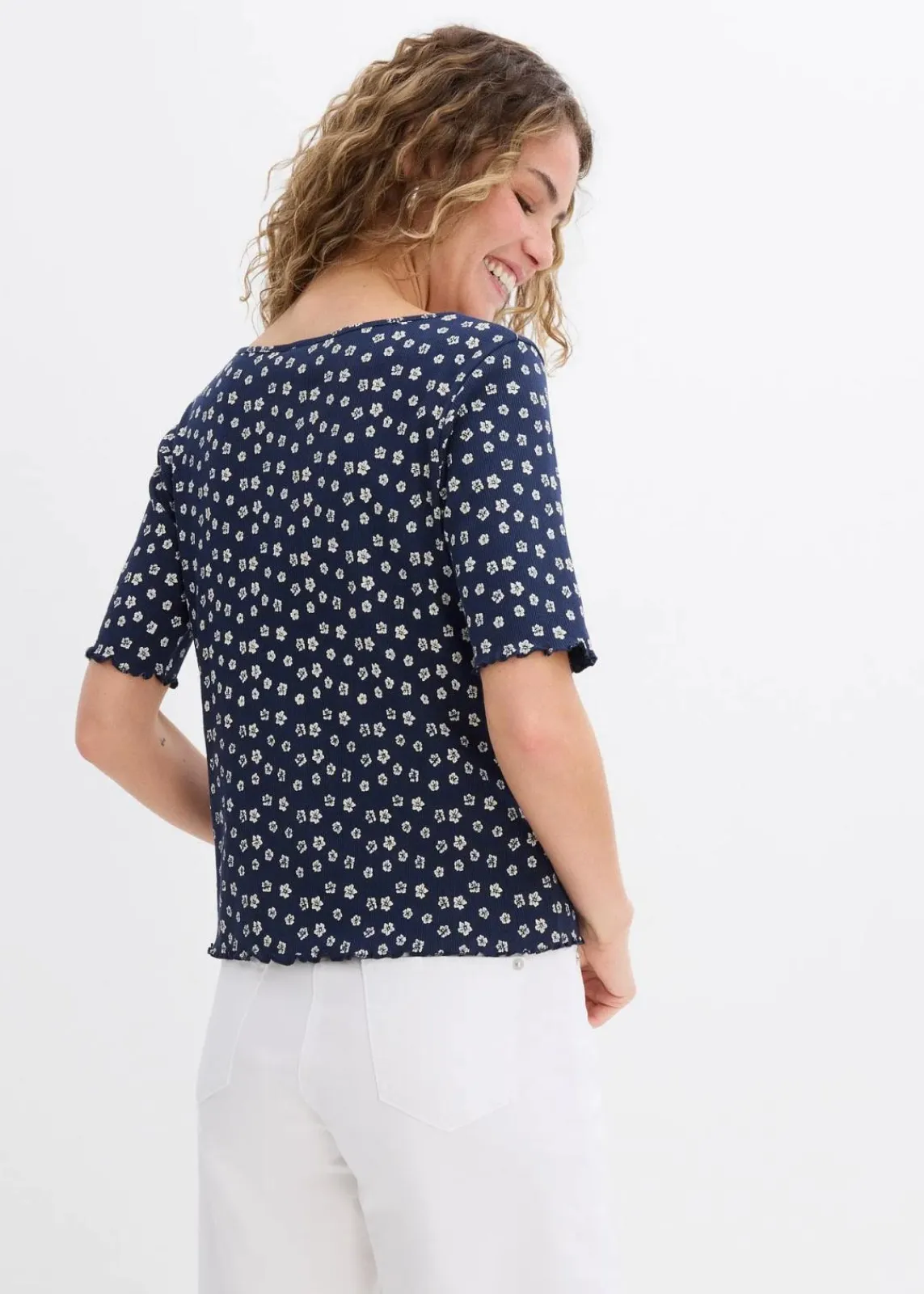 bonprix Shirts & Tops^Ripp-Shirt mit Blumendruck, Halbarm dunkelblau/wollweiß geblümt
