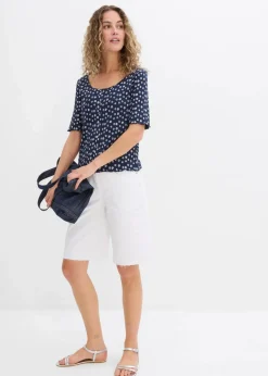 bonprix Shirts & Tops^Ripp-Shirt mit Blumendruck, Halbarm dunkelblau/wollweiß geblümt