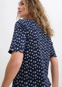 bonprix Shirts & Tops^Ripp-Shirt mit Blumendruck, Halbarm dunkelblau/wollweiß geblümt