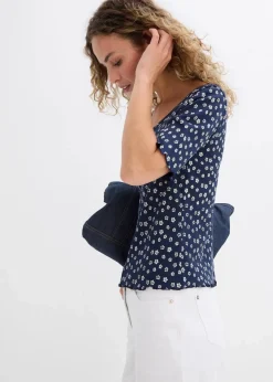 bonprix Shirts & Tops^Ripp-Shirt mit Blumendruck, Halbarm dunkelblau/wollweiß geblümt