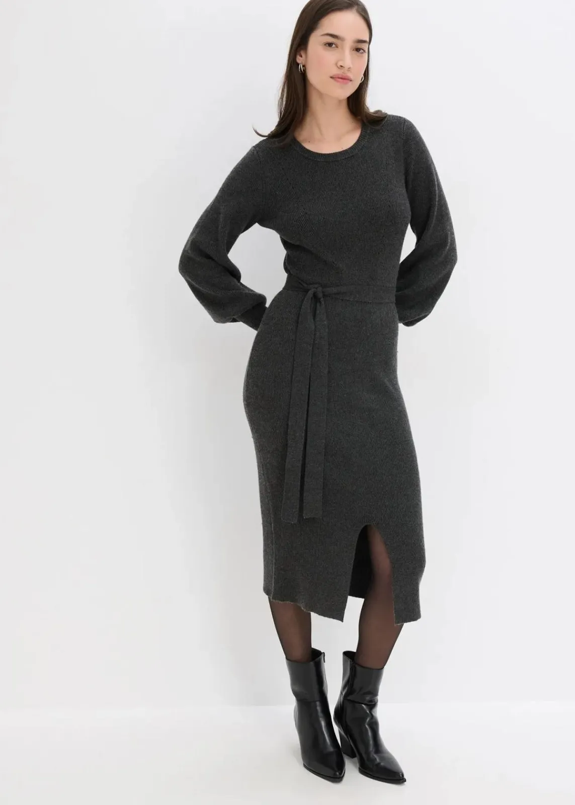 bonprix Kleider|Strickmode^Ripp-Strickkleid aus fließendem Viskose-Mix anthrazit meliert