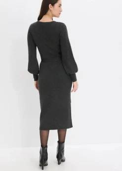 bonprix Kleider|Strickmode^Ripp-Strickkleid aus fließendem Viskose-Mix anthrazit meliert