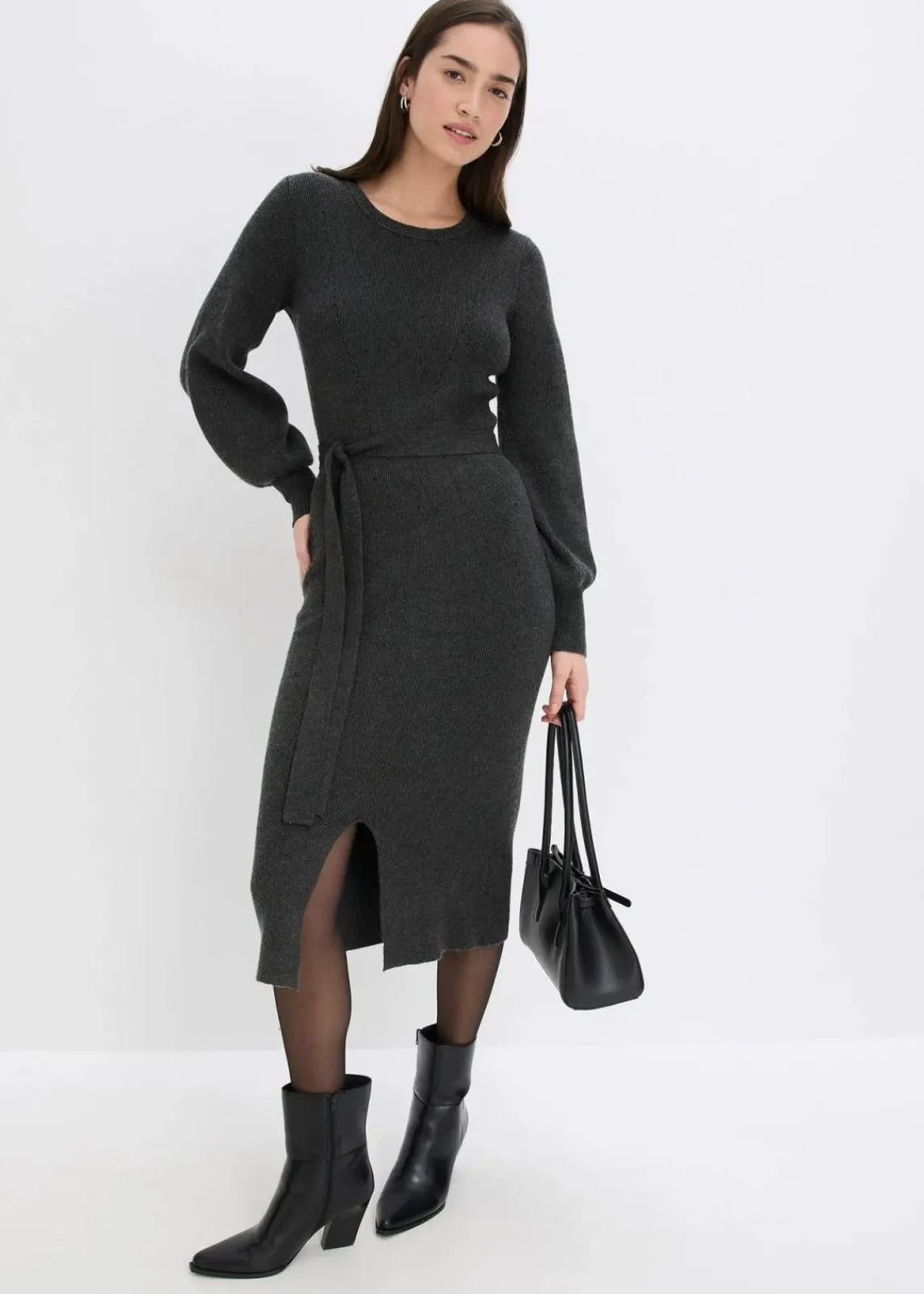 bonprix Kleider|Strickmode^Ripp-Strickkleid aus fließendem Viskose-Mix anthrazit meliert