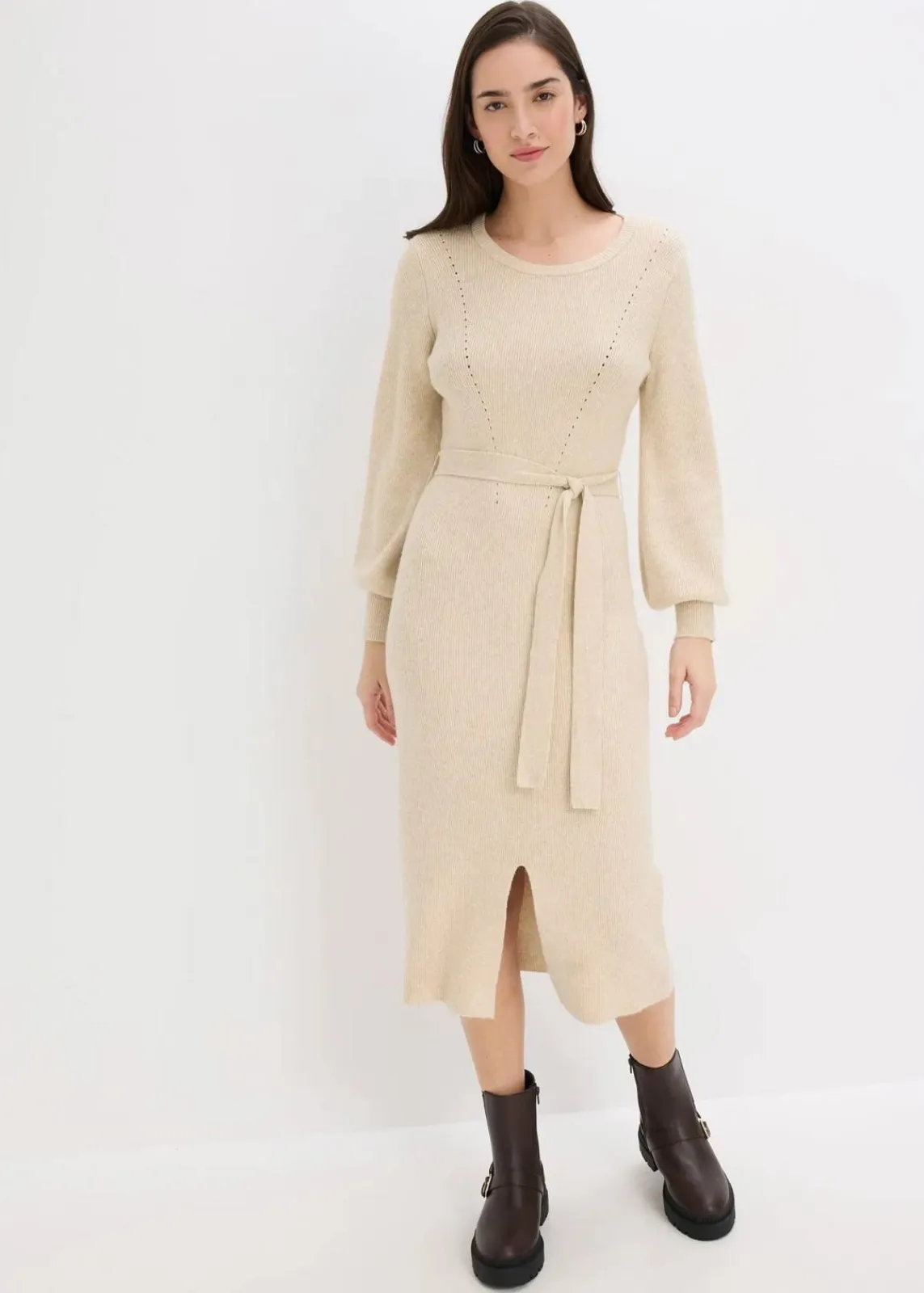 bonprix Bekleidung·Umstandsmode|Bekleidung·Pullover & Strickjacken^Ripp-Strickkleid aus fließendem Viskose-Mix kieselbeige meliert