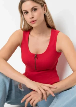 bonprix Shirts & Tops|Nachhaltigere Materialien^Ripp-Top mit Reißverschluss erdbeere
