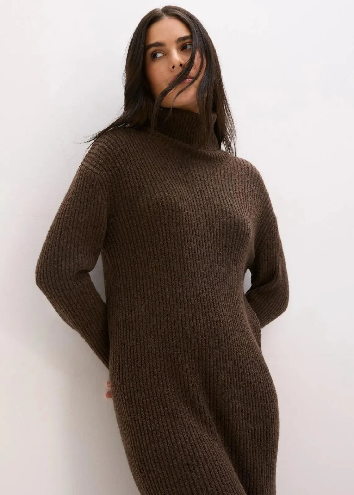 bonprix Bekleidung·Umstandsmode|Bekleidung·Pullover & Strickjacken^Rollkragen Rippstrickkleid lehmbraun