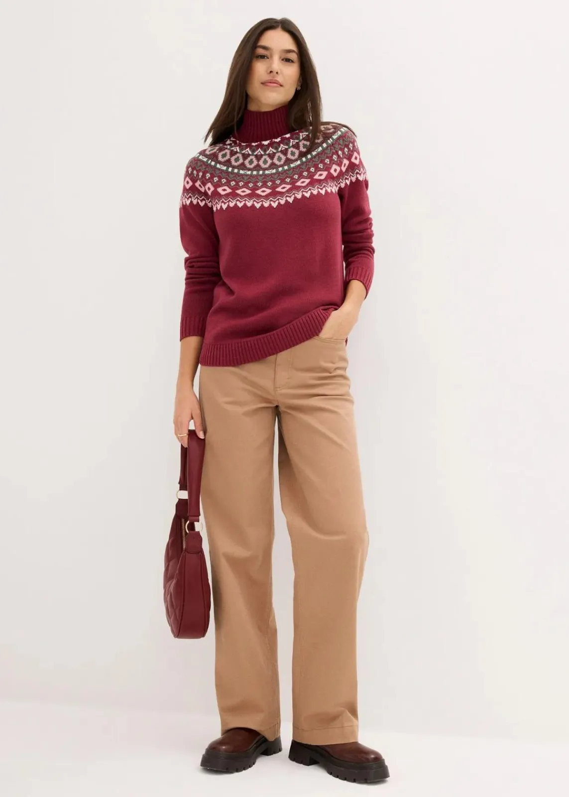 bonprix Bekleidung·Umstandsmode|Bekleidung·Jeans^Rollkragenpullover rhododendronrot norwegermuster