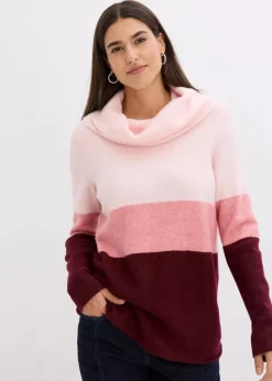 bonprix Bekleidung·Umstandsmode|Strickmode^Rollkragenpullover zartrosa/ahornrot gestreift