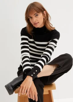 bonprix Bekleidung·Umstandsmode|Bekleidung·Jeans^Rollkragenpullover aus Viskose-Mix schwarz/wollweiß gestreift