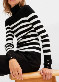 bonprix Bekleidung·Umstandsmode|Bekleidung·Jeans^Rollkragenpullover aus Viskose-Mix schwarz/wollweiß gestreift