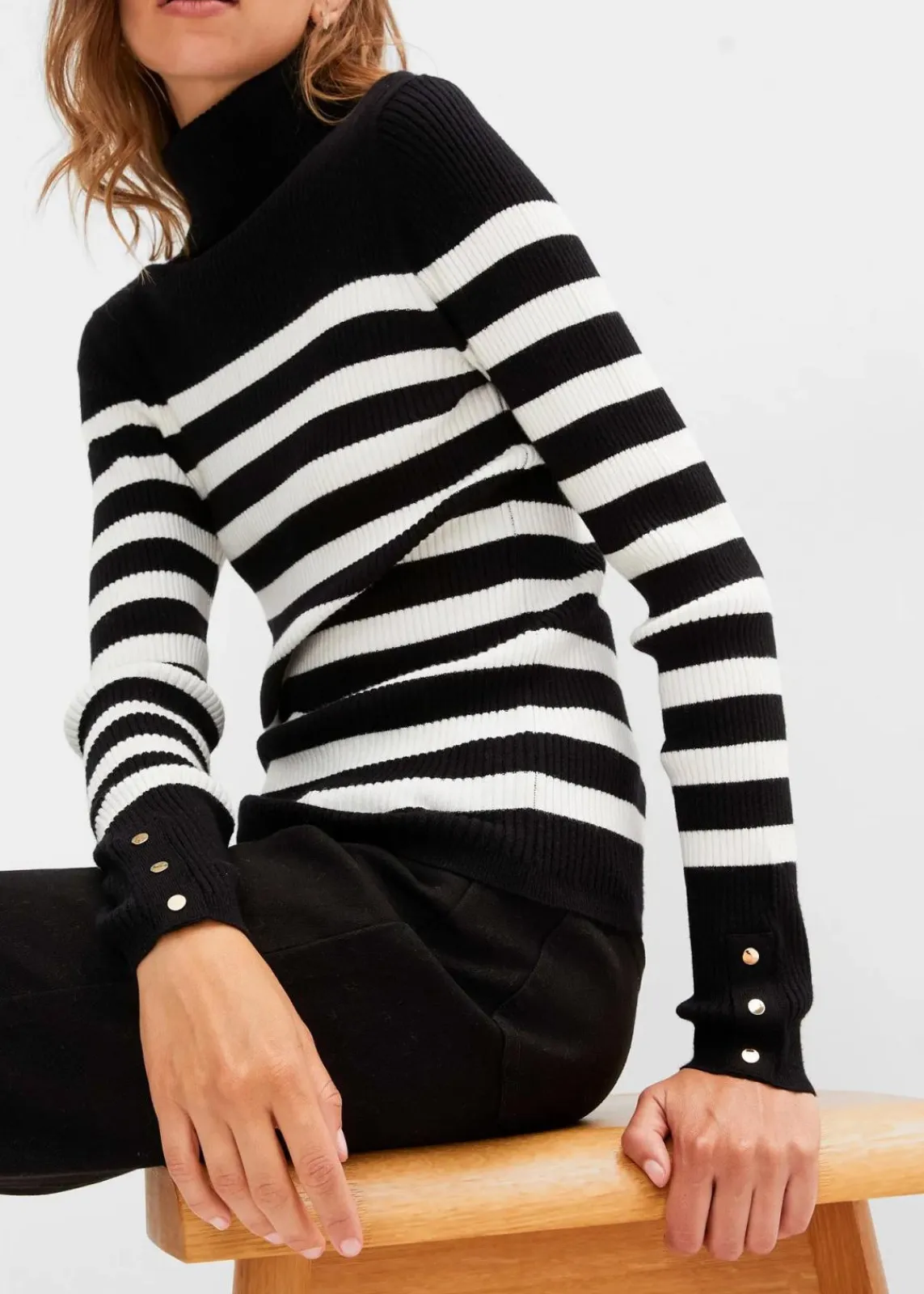 bonprix Bekleidung·Umstandsmode|Bekleidung·Jeans^Rollkragenpullover aus Viskose-Mix schwarz/wollweiß gestreift