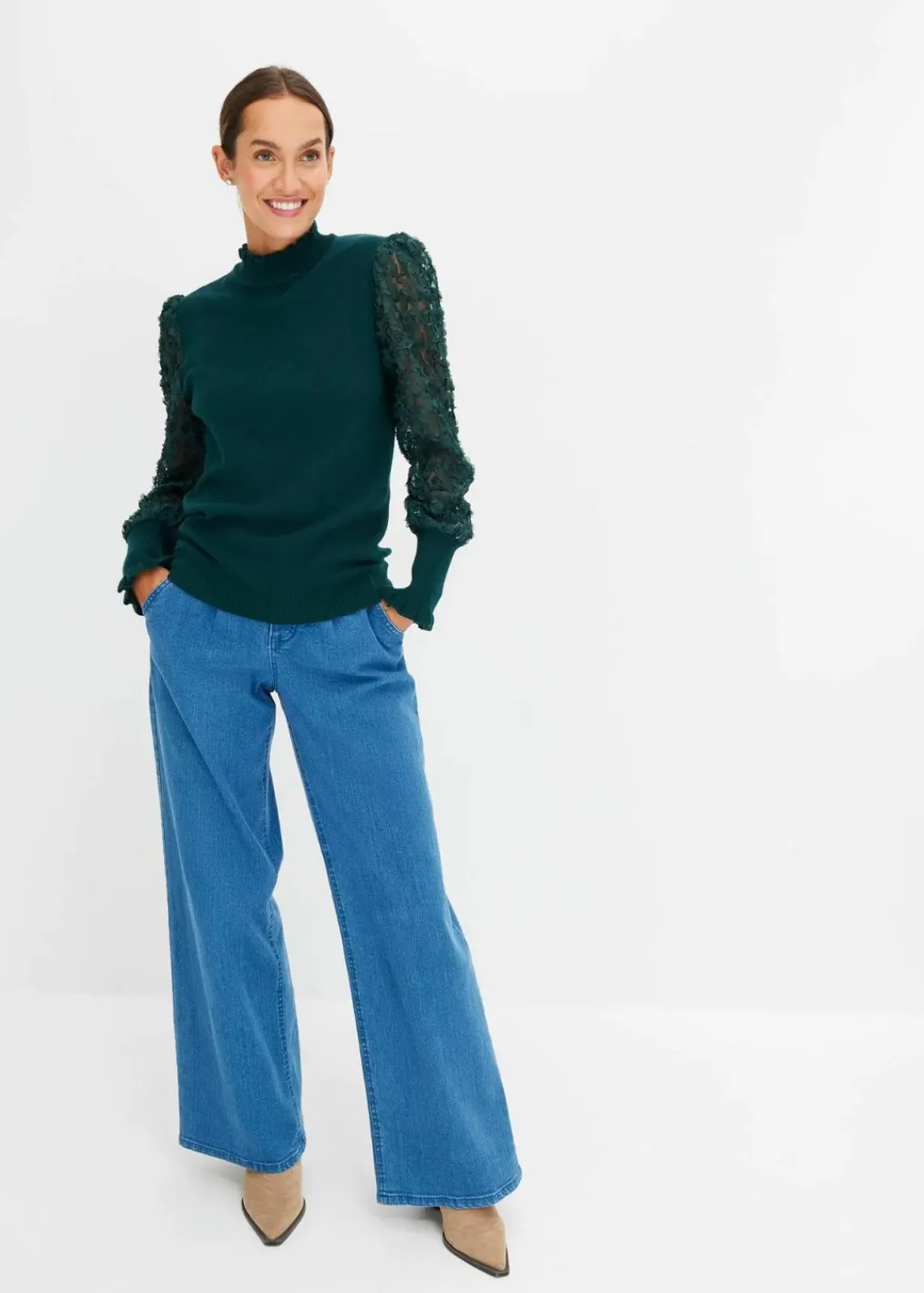bonprix Bekleidung·Umstandsmode|Strickmode^Rollkragenpullover mit dekorativen Chiffonärmeln tiefgrün