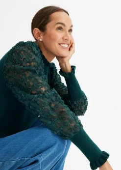 bonprix Bekleidung·Umstandsmode|Strickmode^Rollkragenpullover mit dekorativen Chiffonärmeln tiefgrün