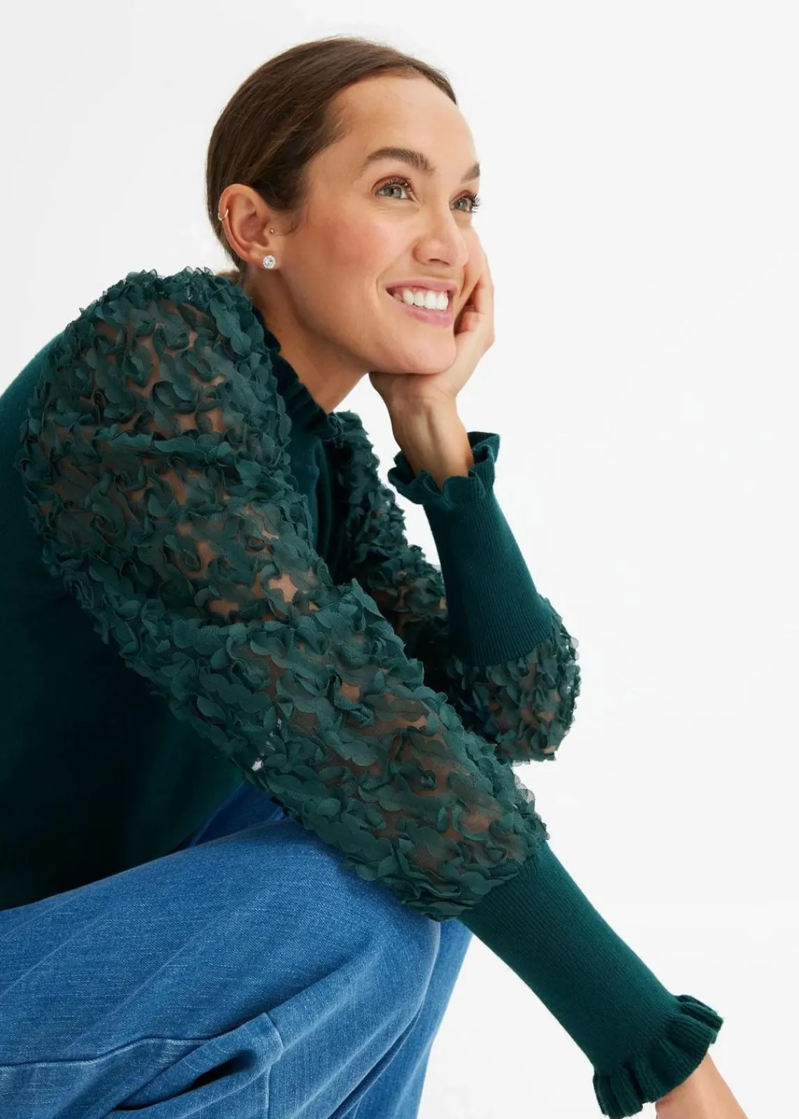 bonprix Bekleidung·Umstandsmode|Strickmode^Rollkragenpullover mit dekorativen Chiffonärmeln tiefgrün