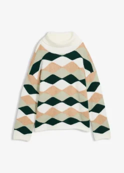 bonprix Bekleidung·Umstandsmode|Strickmode^Rollkragenpullover mit Muster wollweiß/cappuccino/seegras/tiefgrün