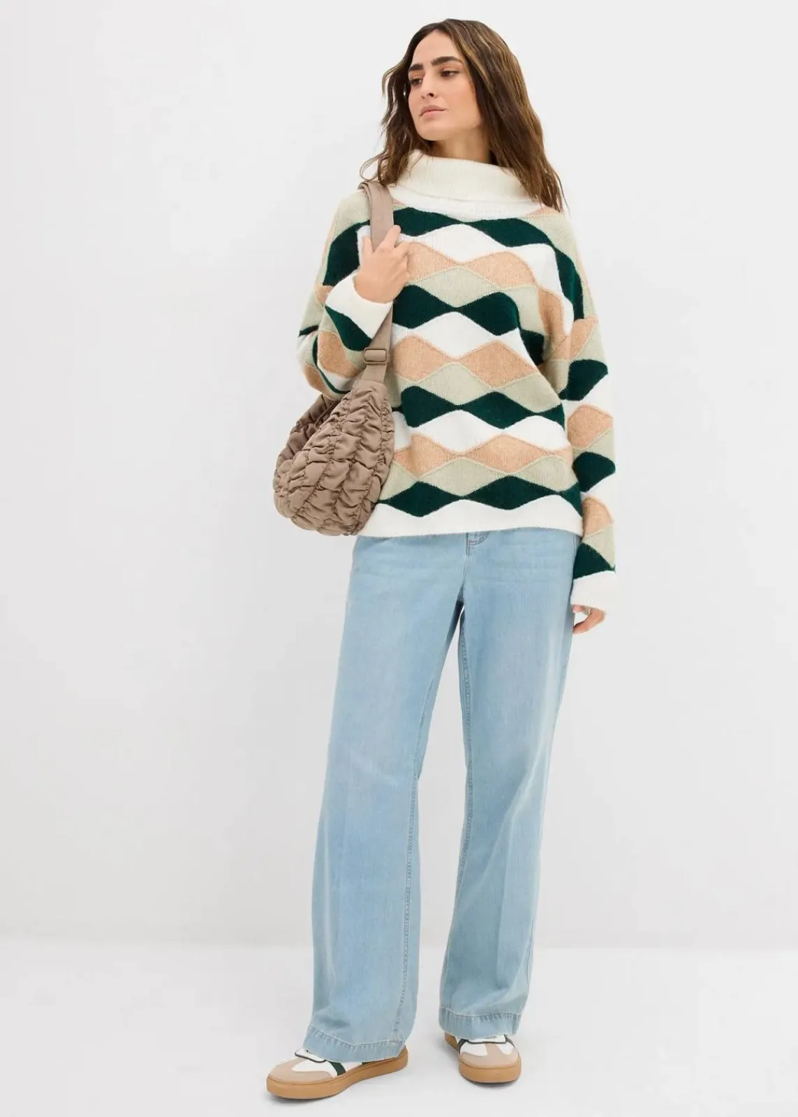 bonprix Bekleidung·Umstandsmode|Strickmode^Rollkragenpullover mit Muster wollweiß/cappuccino/seegras/tiefgrün