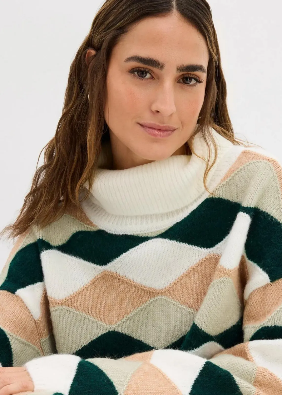 bonprix Bekleidung·Umstandsmode|Strickmode^Rollkragenpullover mit Muster wollweiß/cappuccino/seegras/tiefgrün