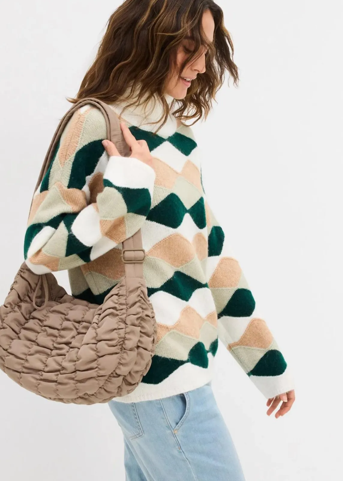 bonprix Bekleidung·Umstandsmode|Strickmode^Rollkragenpullover mit Muster wollweiß/cappuccino/seegras/tiefgrün