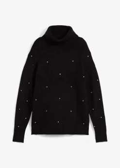 bonprix Pullover & Strickjacken|Strickmode^Rollkragenpullover mit Strasssteinen schwarz