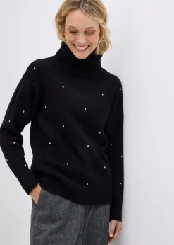 bonprix Pullover & Strickjacken|Strickmode^Rollkragenpullover mit Strasssteinen schwarz