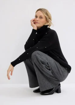 bonprix Pullover & Strickjacken|Strickmode^Rollkragenpullover mit Strasssteinen schwarz